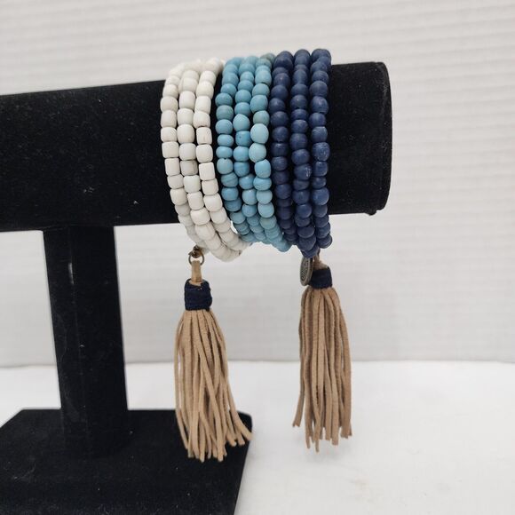 Mare Sole Amore Wrap Bracelet Multicolor Blues  Beaded Tassels Charm NWOT Boho - Picture 3 of 10